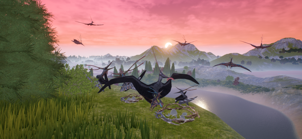 Pterosaurs protecting their nests and eggs at sunset in an online dinosaur simulator