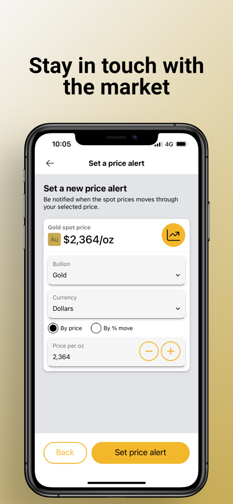 BullionVault: gold and silver - BullionVault app interface for setting a gold price alert in US dollars