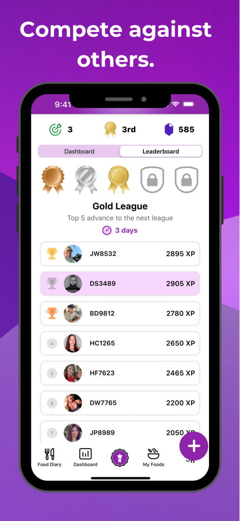 Macro Sync - Macro Sync app leaderboard interface showing user rankings and Gold League progress