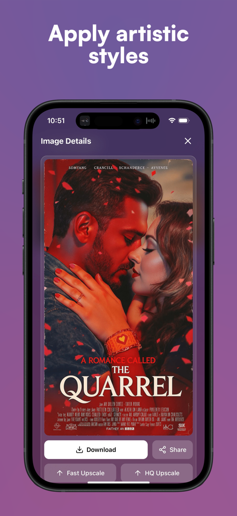 Posta - AI Poster Designer - Mobile app interface displaying a cinematic romance movie poster titled The Quarrel with upscale and download options
