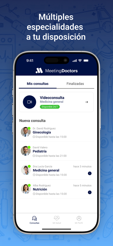 Interfaz de la app Meeting Doctors mostrando especialistas disponibles para videoconsultas, incluyendo pediatría y nutrición.