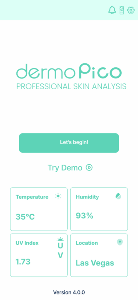 DermoPico Skin - DermoPico Skin professional skin analysis app home screen showing environmental data for temperature humidity and UV index in Las Vegas