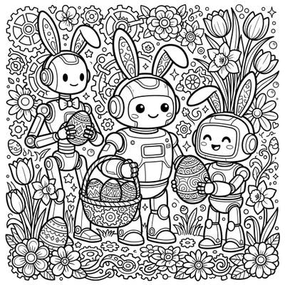 Get ready for an unforgettably charming Easter with this delightful coloring page featuring three friendly medical robots. Adorned with bunny ears and surrounded by spring blossoms, they're celebrating the season with decorated eggs.
