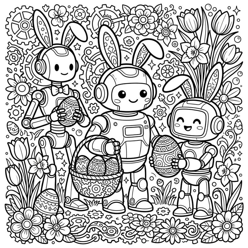Get ready for an unforgettably charming Easter with this delightful coloring page featuring three friendly medical robots. Adorned with bunny ears and surrounded by spring blossoms, they're celebrating the season with decorated eggs.