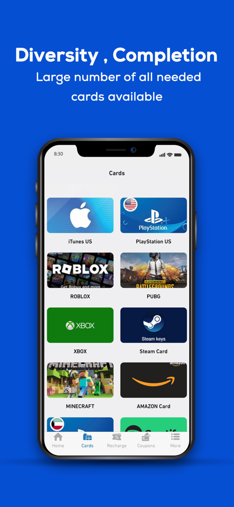 PayPod - Interface do aplicativo PayPod mostrando vários cartões de presente digitais para jogos e compras
