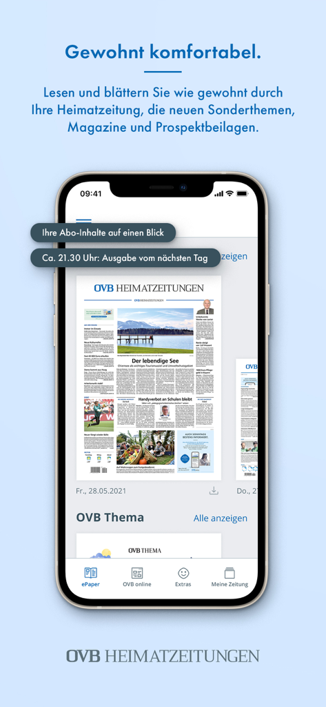 OVB ePaper app interface showing a digital regional German newspaper on a smartphone screen.