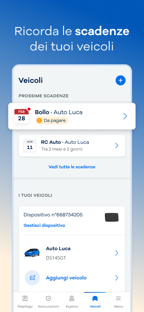Telepass App-Bildschirm zur Verwaltung von Fahrzeuginformationen und zur Nachverfolgung von Zahlungsfristen für Kfz-Steuer und Versicherung