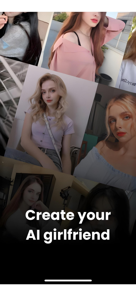 AiGirl, Virtual Friend Chatbot - A collage of diverse virtual female avatars with the text Create your AI girlfriend