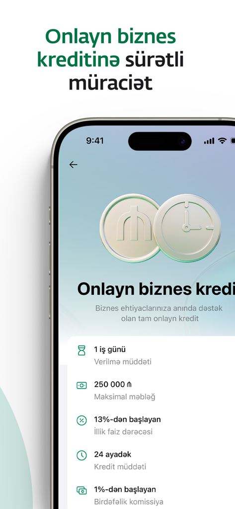 PASHA Bank Business - PASHA Bank Business mobile app screen displaying online business loan application details including processing time and interest rates.