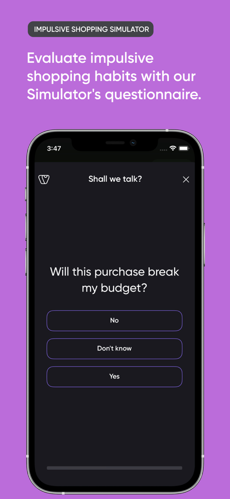 Ein Screenshot einer mobilen App des Impulskauf-Simulators, der fragt, ob ein Kauf das Budget sprengen wird.