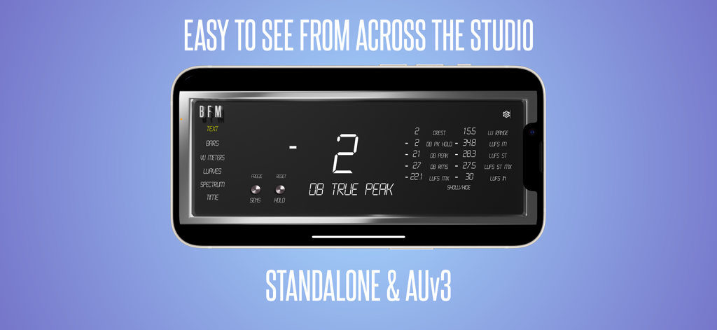 BFM - Metering Suite - Interface de l'application BFM Metering Suite sur un iPhone affichant des relevés True Peak DB et LUFS haute visibilité en mode texte