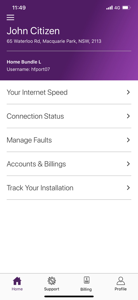 My TPG - Home screen of the My TPG app showing account information and service management options.