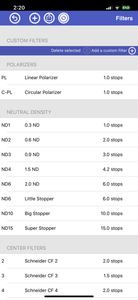 A menu in the Reciprocity Timer app showing a list of camera filters including polarizers and neutral density options with their exposure stop values.