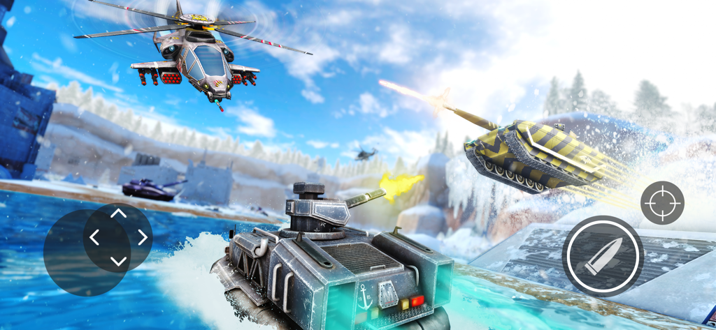 Action packed pvp battle scene with a tank helicopter and hovercraft in a snowy environment