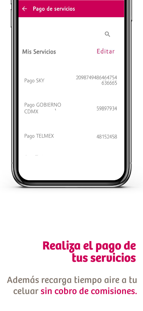 Pantalla de la aplicación móvil Compartamos Móvil para pago de servicios y recargas de celular