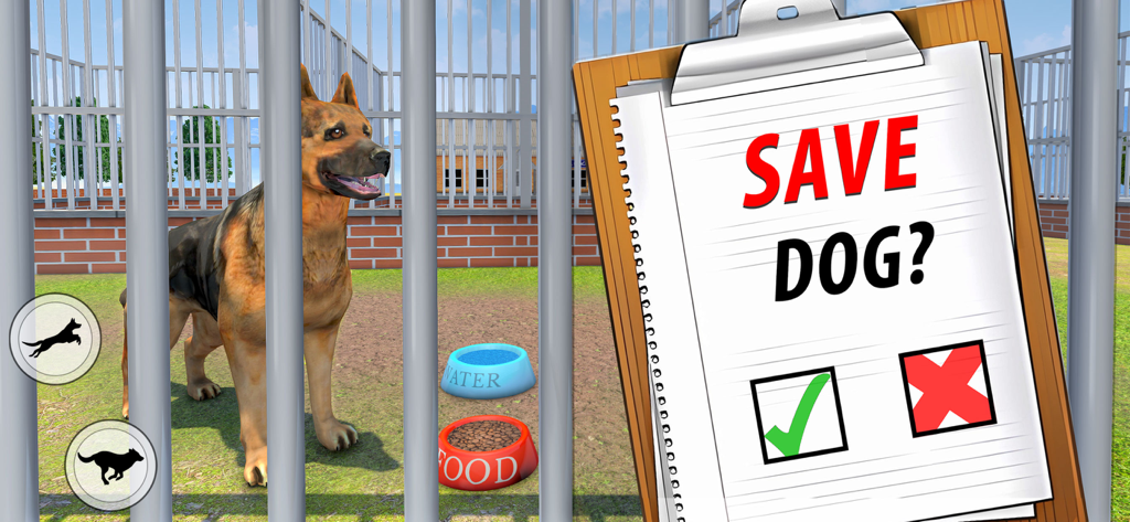 Pet Dog Rescue Shelter Games - A German Shepherd in a kennel with a clipboard asking Save Dog with a green checkmark option