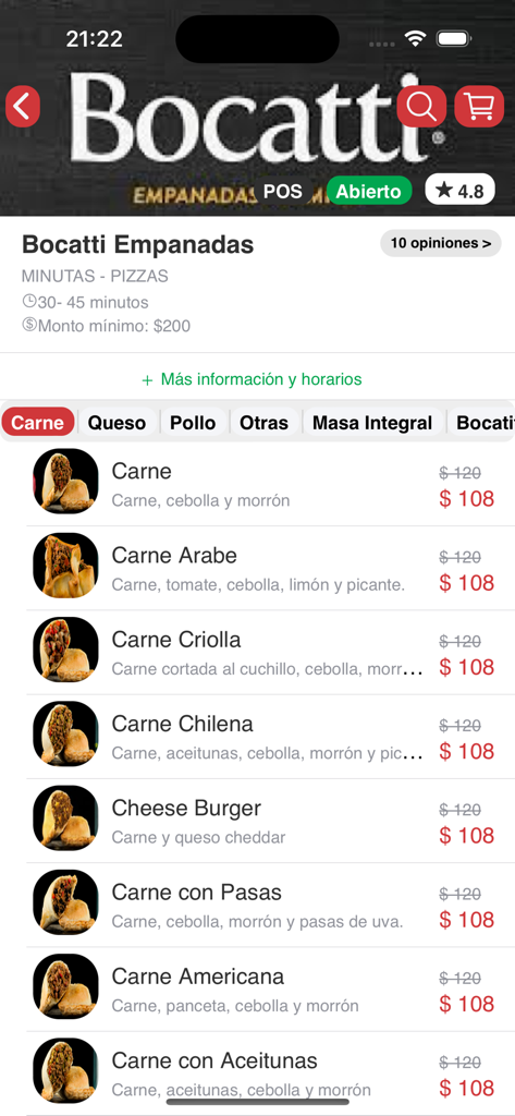 Ahí Va - Menu screen of the Ahí Va app showing empanada options from Bocatti Empanadas