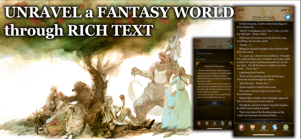 Artesnaut: Fantasy Idle RPG - Artesnaut game banner featuring watercolor fantasy art and text-based narrative gameplay screenshots.