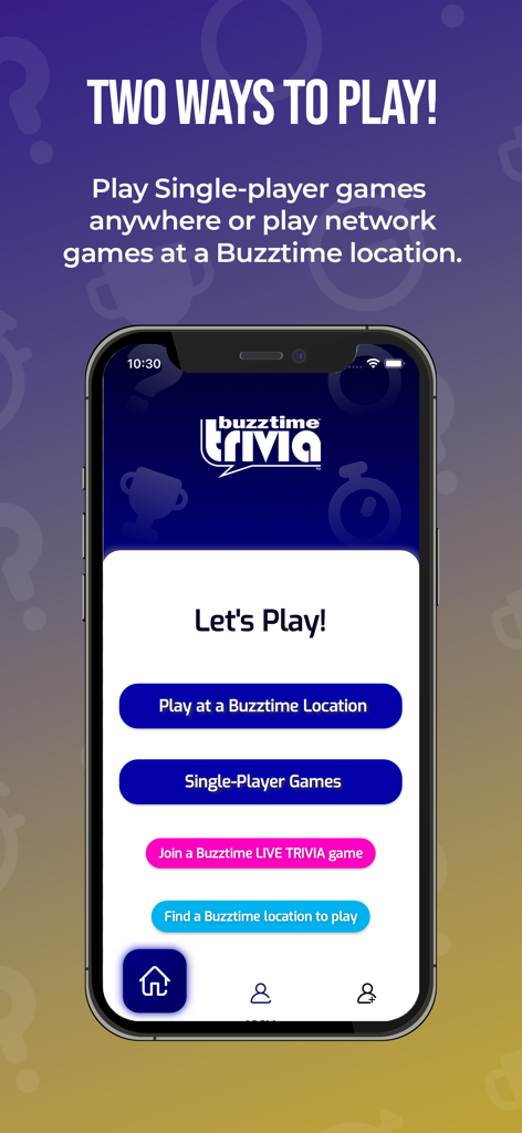 Buzztime Trivia - The main menu of the Buzztime Trivia app displaying options for single player games and local network play.