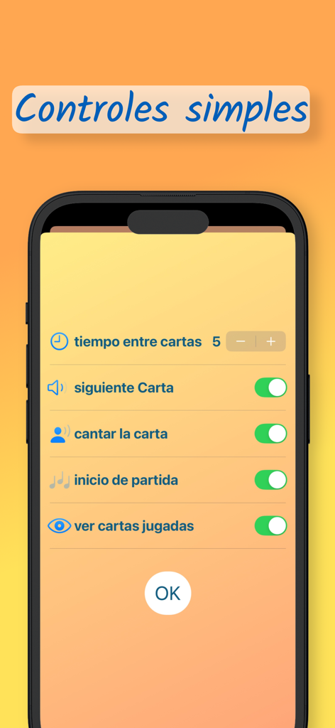 Interfaz de la app de lotería mostrando controles sencillos y configuraciones de juego para cantar las cartas