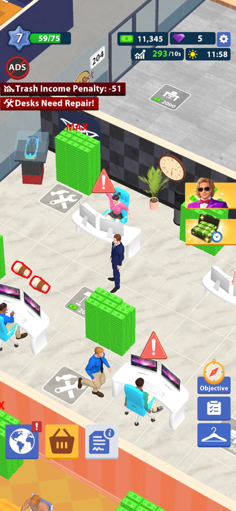 In-game screenshot of Office Life Tycoon Games showing the CEO character managing a 3D office with stacks of cash and employee workstations.
