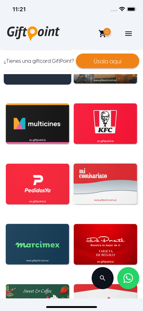 GiftPoint - Interface of the GiftPoint mobile app displaying a grid of available digital gift cards from various brands