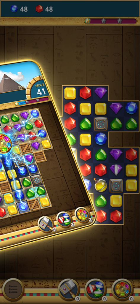 Jewels Pharaoh - Un tablero de puzzle Match-3 de Jewels Pharaoh con gemas coloridas y fondo de jeroglíficos egipcios