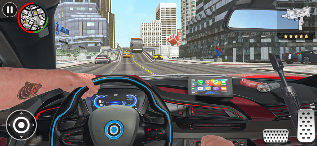 Fahrerperspektive in Grand Vegas Crime City mit Waffen auf dem Armaturenbrett.