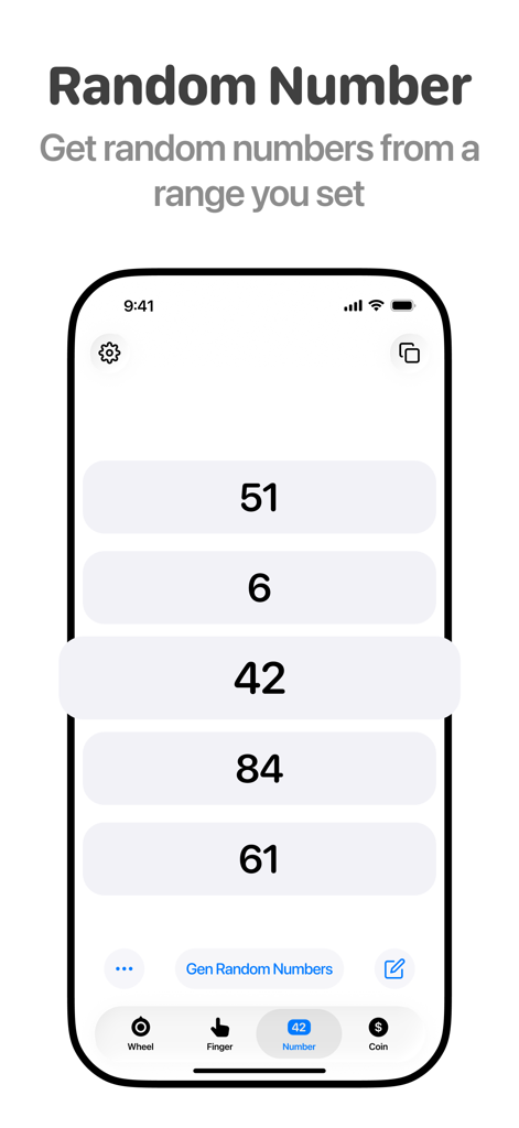 Tiny Decisionsアプリのインターフェースで、生成された数字のリストとともにランダムな数字生成機能が示されている