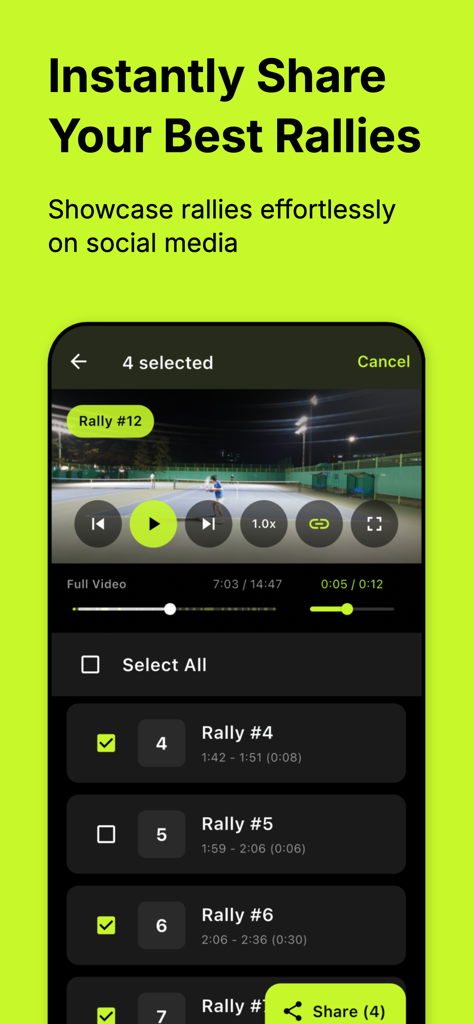 PerfectSwing:Tennis Highlights - A screenshot of the PerfectSwing app interface showing a list of AI generated tennis rally clips selected for sharing on social media.