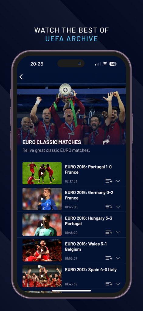 Interface de l'application UEFA.tv montrant une liste de matchs de championnat d'Europe de football classiques dans la section d'archives.