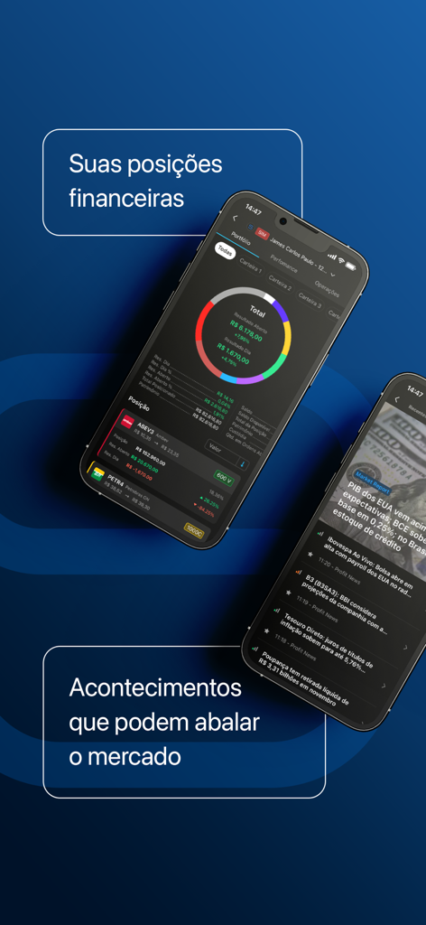 Aplicativo móvel Scalper Pro exibindo resultados de portfólio financeiro e notícias do mercado em tempo real
