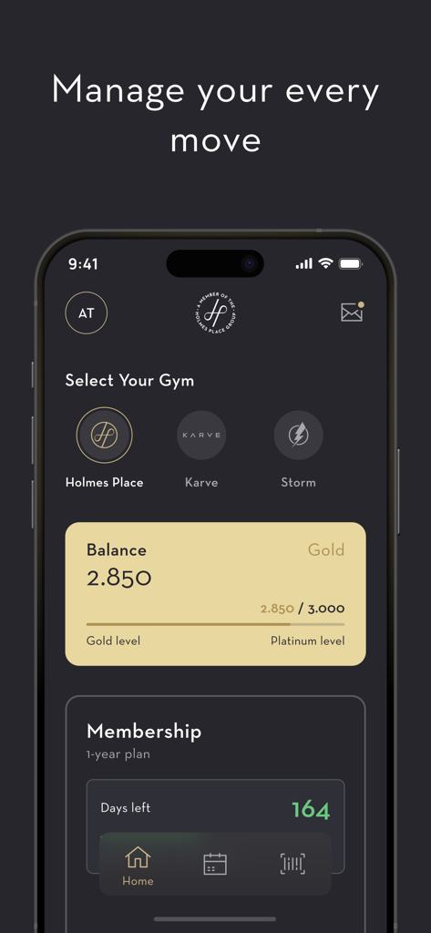 Panel de la aplicación Holmes Place Group que muestra la selección de marcas de gimnasio, puntos de estado de fidelidad dorado y detalles de la membresía.