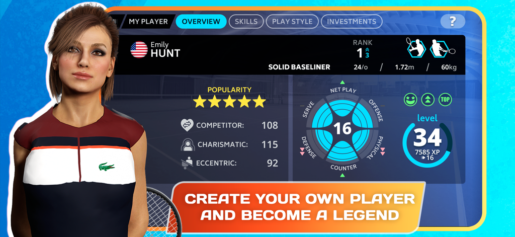 Tennis Manager 25 - MY PLAYER - 테니스 매니저 25 마이 플레이어 경력 개요 화면에 선수 순위, 기술 및 속성이 표시됨