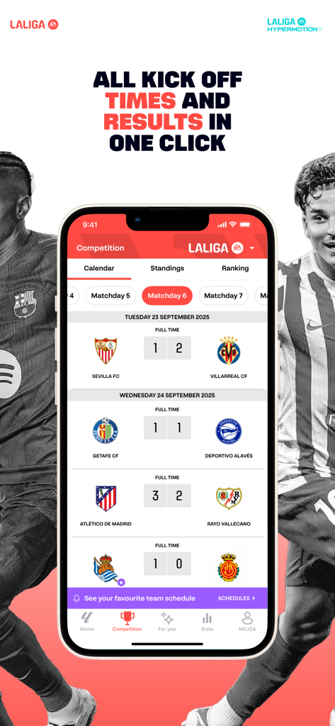 LALIGA Official App 2025/2026 - LALIGA official app interface showing soccer match scores and kick off times.