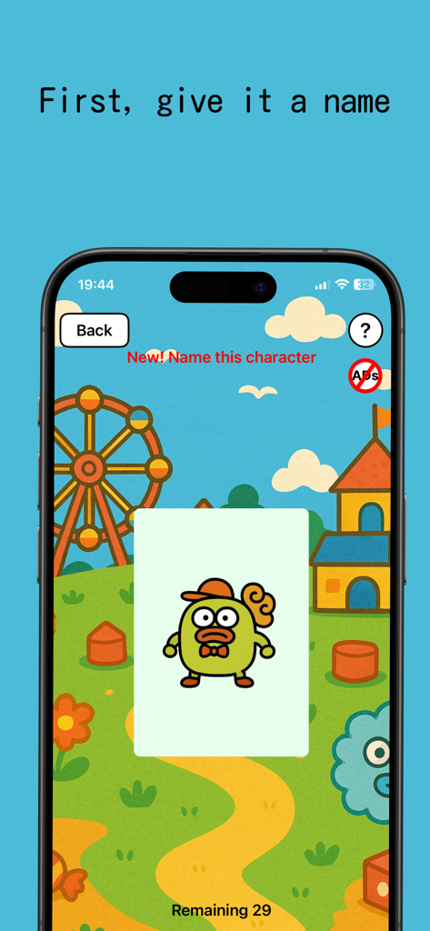 Quick Name Game – Namey Gamey - Un personnage de dessin animé vert farfelu sur une carte de jeu dans l'interface de l'application mobile Namey Gamey.