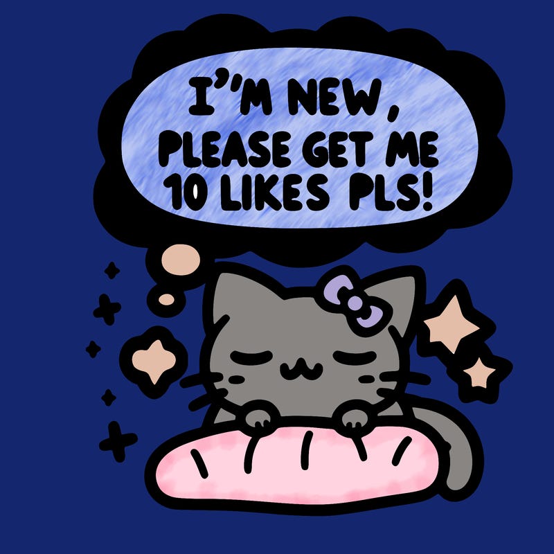 kitty taking a nap dream talking and saying "i'm new, please get me at least 10 likes pls!!"