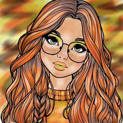 girl with long hair and freckles and glasses realistic