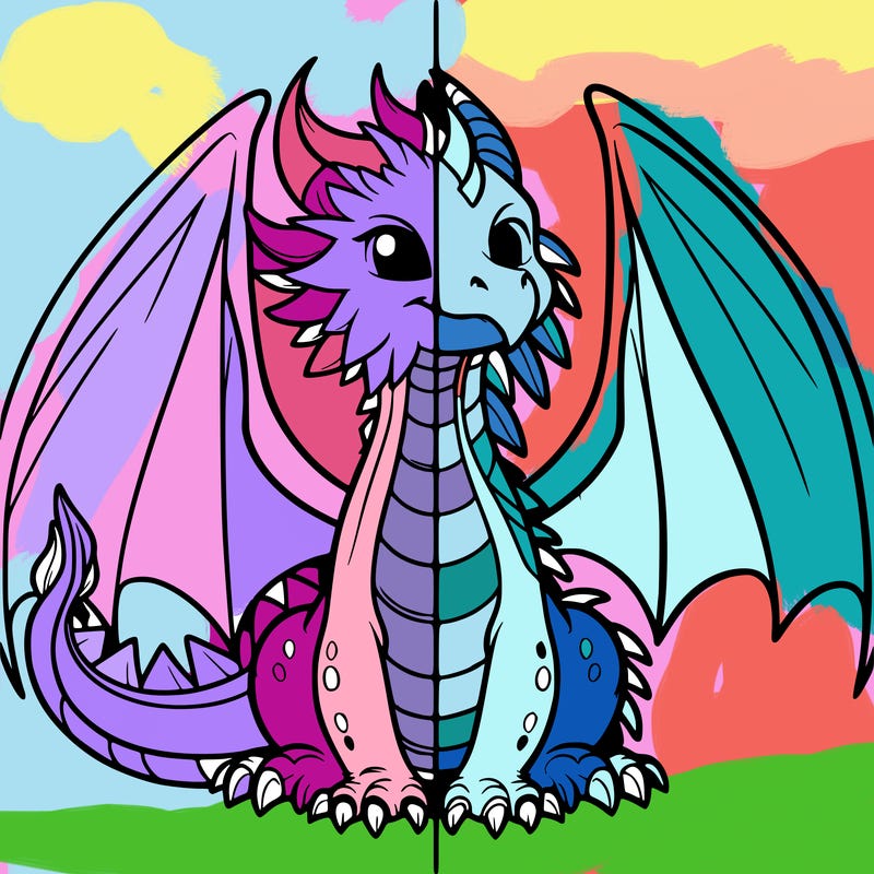 split drawing of a dragon