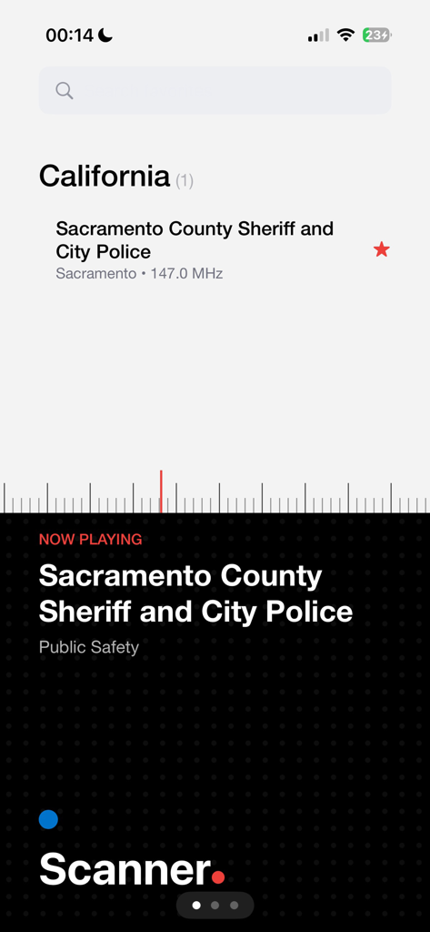 A screenshot of the Police Radio Scanner app showing a live emergency radio feed for Sacramento County Sheriff and City Police in California