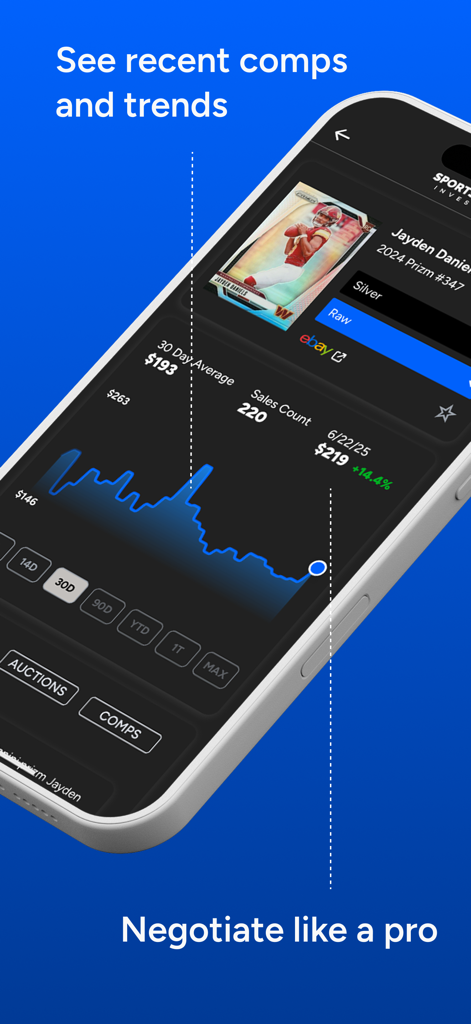 Sports Card Investor - Sports Card Investor app interface showing a price trend graph and sales comps for a Jayden Daniels card