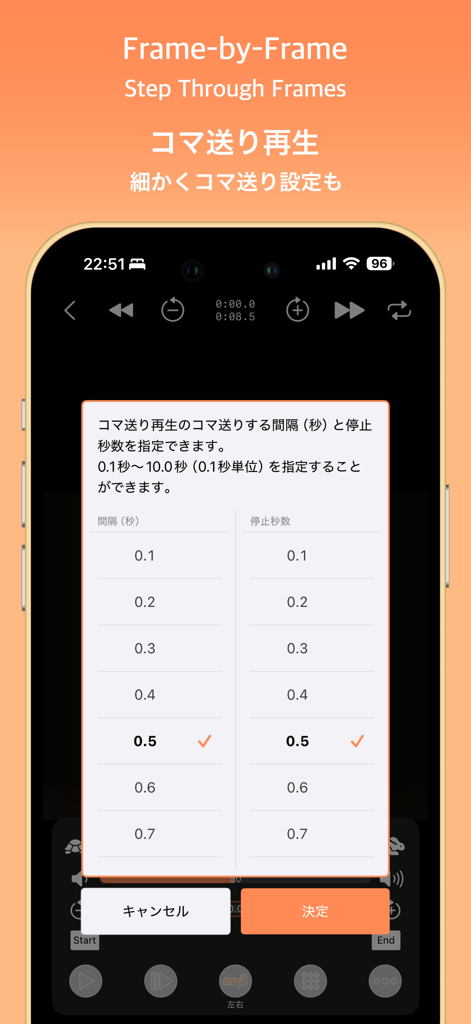 SymPlayer - Master Movement - - コマ送り再生設定メニューが表示されたSymPlayerアプリのスマートフォン画面
