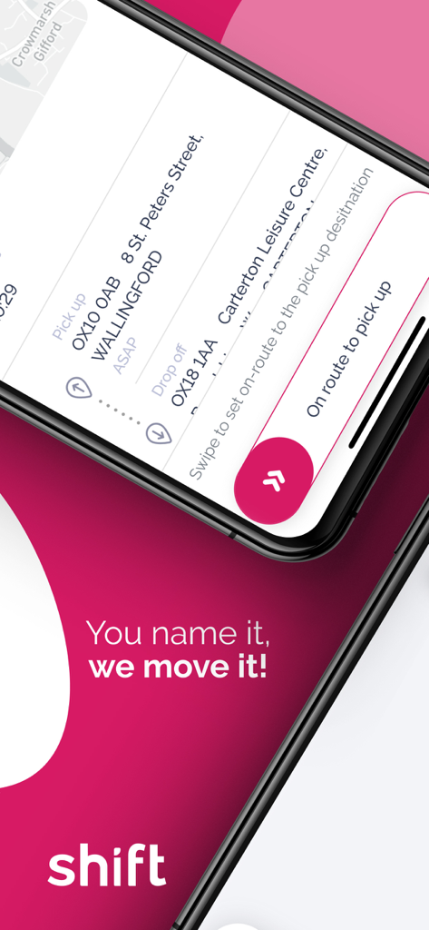 Shift Provider App interface showing pickup and drop off details for a moving job