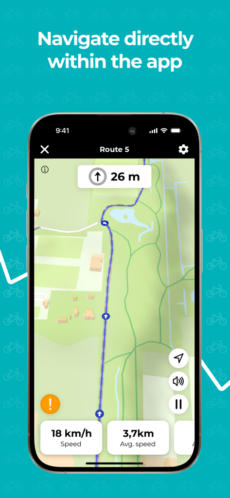 Routiq, Outdoor routes - Aplicativo Routiq mostrando um mapa detalhado de ciclismo com navegação curva a curva e métricas de velocidade.