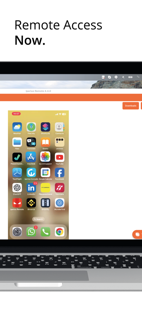 Iperius Remote Desktop - A laptop screen displaying a remote connection to an iPhone home screen using Iperius Remote Desktop.