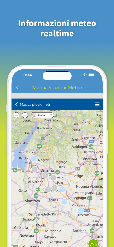 Echtzeit-Wetterkarten-Anzeige in der Consorzio di Bonifica Veronese Anwendung, die regionale Datenpunkte zeigt