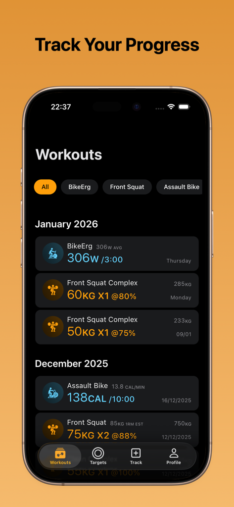 RXd - Workouts Tracker - RXd app workout history screen displaying tracked progress for bike exercises and front squats