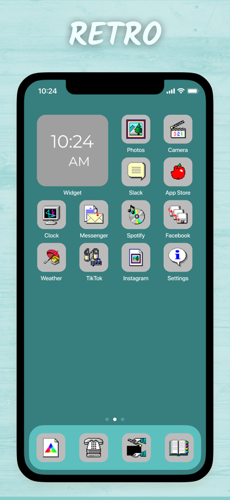 4k Wallpapers, Widgets: Plaw - iPhone home screen featuring retro pixel art app icons and a matching clock widget