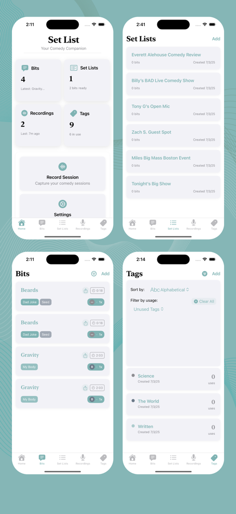 Set List: Standup Manager - Interface of Set List Standup Manager app showing dashboard set lists comedy bits and tags screens