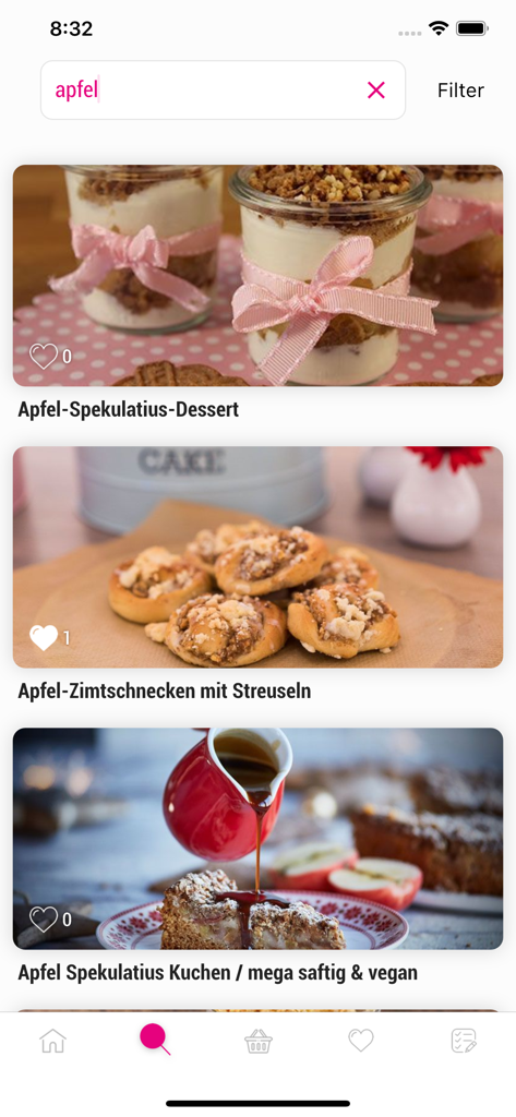 Sallys Welt - Search results for apple recipes in the Sallys Welt app showing various desserts and cakes